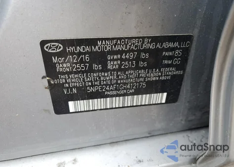 2016 Hyundai Sonata Se из США, поврежденный, VIN 5NPE24AF1GH412175